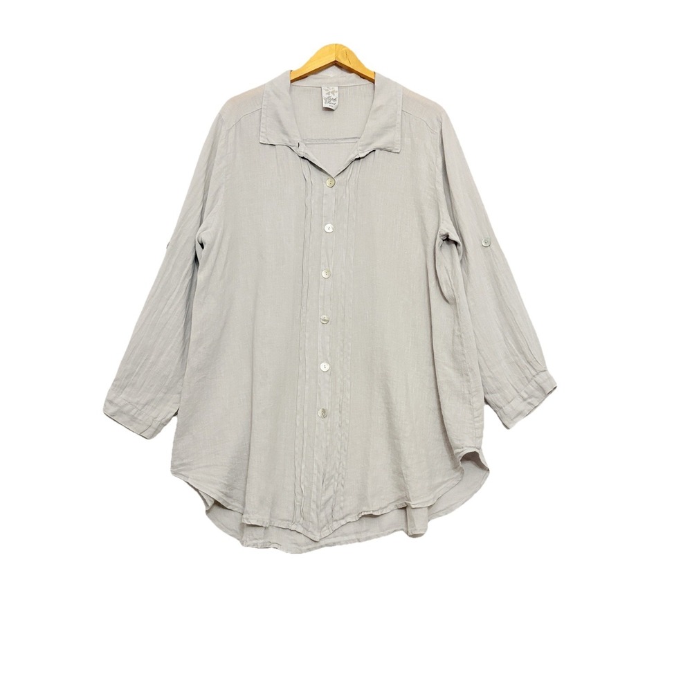 Match Point USA Linen Tunic XL Pleated Gray Boho Lagenlook Womens Beachy Lagom